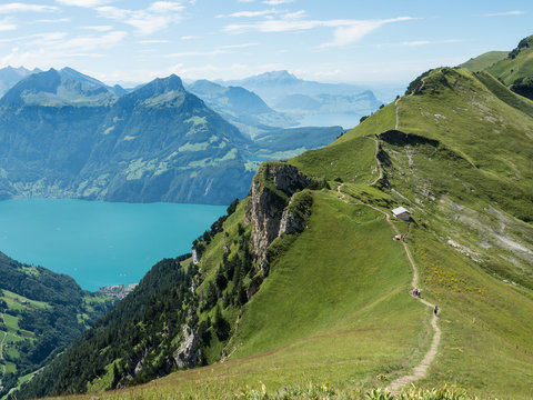 View of mountains and Lake Lucerne from Stoos Ridge Trail, Swiss Alps