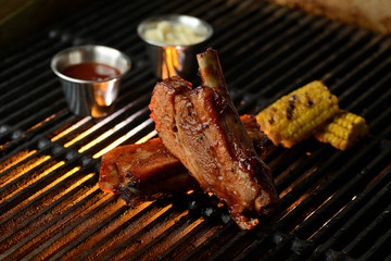 Grilled meat with vegetables and sauce, on the grill
