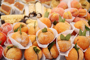 Peach cake pastries at the farmer's market.