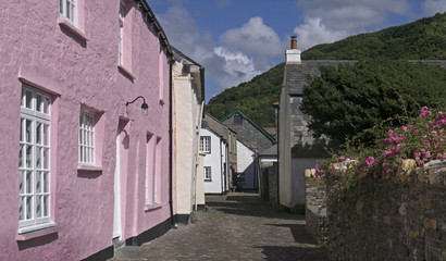 Pink cottage in a Cornish village