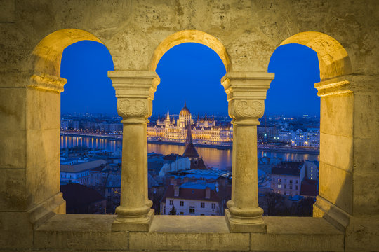 View of Parliament Building from Fisherman's Bastion at dusk, Buda Castle Hill, Budapest, Hungary