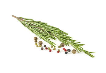 Fresh organic rosemary and pepper isolated on white background