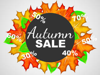 Autumn sale with pile of autumn leaves. Vector illustration