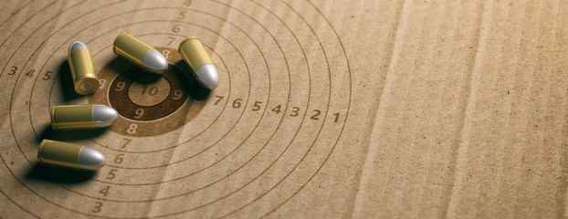Bullets on shooting target, recycling carton paper, banner, copy space. 3d illustration © Rawf8