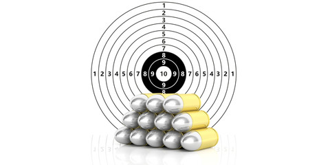 Bullets stack on paper shooting target with numbers background. 3d illustration