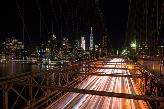 The Brooklyn bridge from a nice perspective by night, New Yok, United States of America