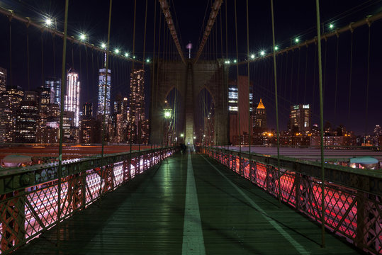 The Brooklyn bridge from a nice perspective by night, New Yok, United States of America