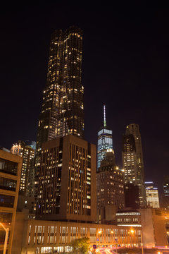 Skyline of downtown Manhattan by night, New York, United States of America