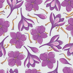 Crocus Flowers and Saffron Threads Seamless Pattern on Grey Background