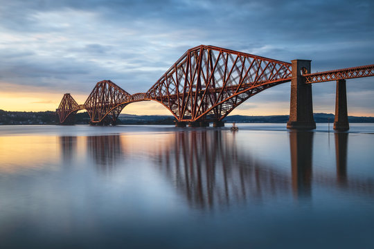 View of Forth Rail Bridge at sunset railway bridge over Firth of Forth near Queensferry in Scotland