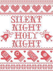 Naklejka na ściany i meble Silent night holy night vector seamless pattern inspired by nordic culture festive winter in cross stitch with heart, snowflake, mittens, Christmas bells 
