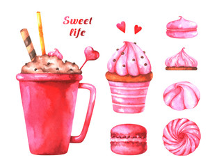 Hand painted illustration with watercolor macaroons, marshmallow, cup with coffee, cake, red hearts and text 