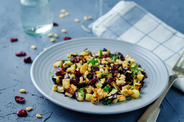 Eggplant pine nuts parsley dried cranberries salad