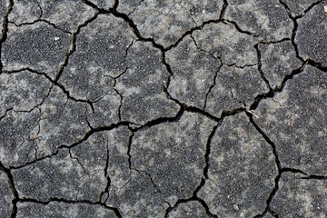 Close-up cracked black earth soil due to hot sumer without rain. Arid season, agrucultural disaster. Global warming up process aftermath