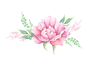 watercolor drawing bouquets flowers peonies with decorative elements
