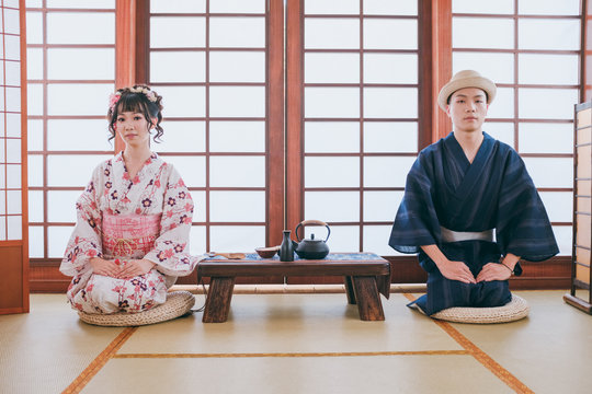 Asian lover in traditional kimono clothing