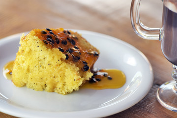 Brazilian food: passion fruit cake with seeds syrup