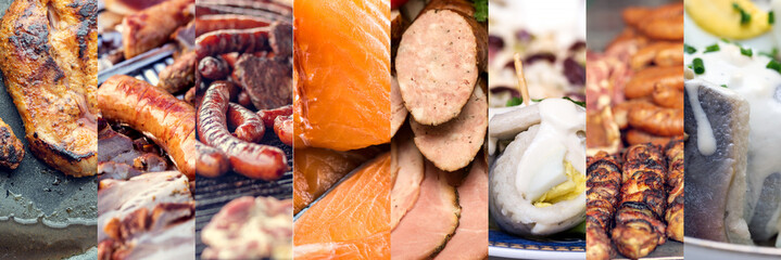 Collection of fried meat, fish and hams with sausages. Compilation of various images.