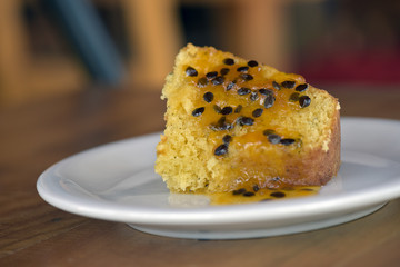 Brazilian food: passion fruit cake with seeds syrup
