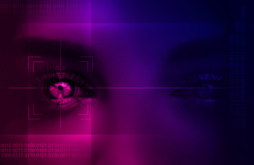 Biometric scanner of the female eye, virtual reality, dark background