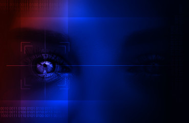 Biometric scanner of the female eye, virtual reality, dark background