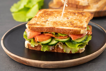 Sandwich with cereals bread and salmon on dark marble background. Copy space.