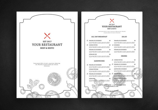 Resturant Menu Layout with Vegetable Illustrations