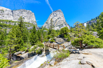 Hiking at Nevada Falls along John Muir Trail and Mist Trail, Yosemite National Park, California. USA.