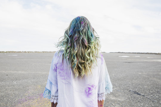 Long hair colorfully painted with color powder