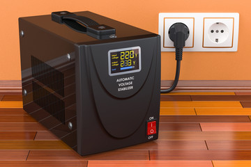 Automatic voltage stabilizer on the wooden floor connected to outlet. 3D rendering - obrazy, fototapety, plakaty