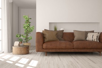 Idea of white minimalist room with sofa. Scandinavian interior design. 3D illustration