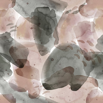 Gray seamless pattern illustration with watercolor pink, gra, blacky and beige spots and blemishes. Will be good for decor a postcard, posters,gift decor, wrapping paper, gift boxes, fabric and etc.