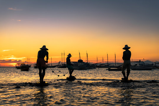 Sculpture Of The Three Fishermen In Buzios By Sunset