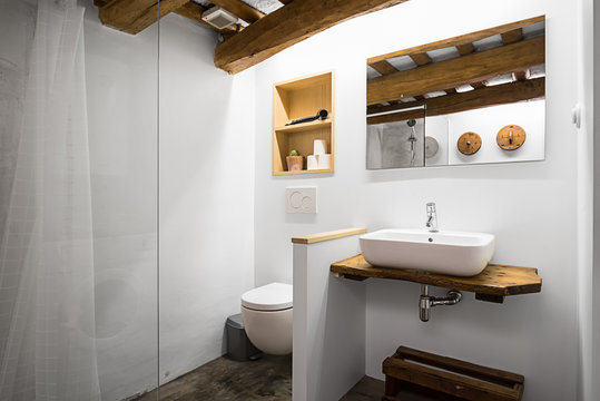 Rustic modern bathroom with white walls