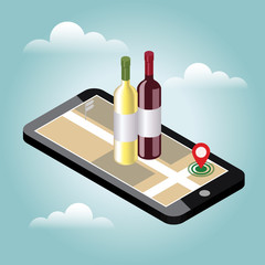 Isometric food delivering. Looking for bar or dinner. Mobile searching. Bar or wine shop. Geo tracking. Map