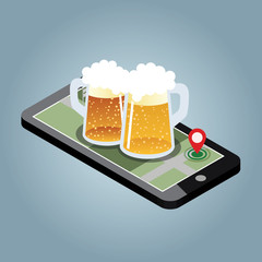Looking for bar. Mobile searching. Isometric mobile and beer. Geo tracking. Map