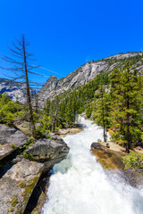 Merced River landscape in Yosemite National Park. Whitewater Rapids. California, USA.