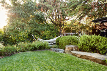 Hammock in garden in home backyard