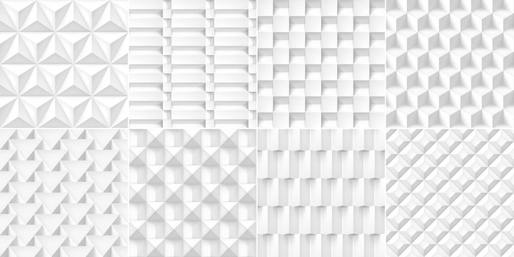 8 Volume realistic cubes textures set, white geometric patterns, vector design light backgrounds for you projects 