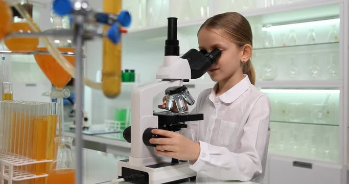 Child Using Microscope in School Chemistry Lab, Student Studying, Experiments