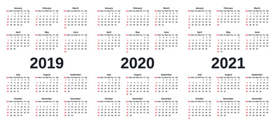 2019, 2020, 2021 calendar. Vector graphics. Week starts Sunday. Design stationery template with months of the year in simple style. Yearly calendar organizer for weeks on white background.