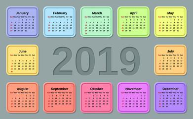 2019 Calendar. Week starts Sunday. Vector. Stationery 2019 template with months of the year. Yearly colorful calendar organizer for weeks.