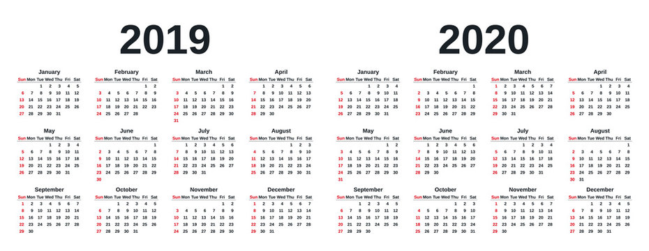 2019, 2020 calendar. Vector graphics. Week starts Sunday. Design stationery template with months of the year in simple style. Yearly calendar organizer for weeks on white background.