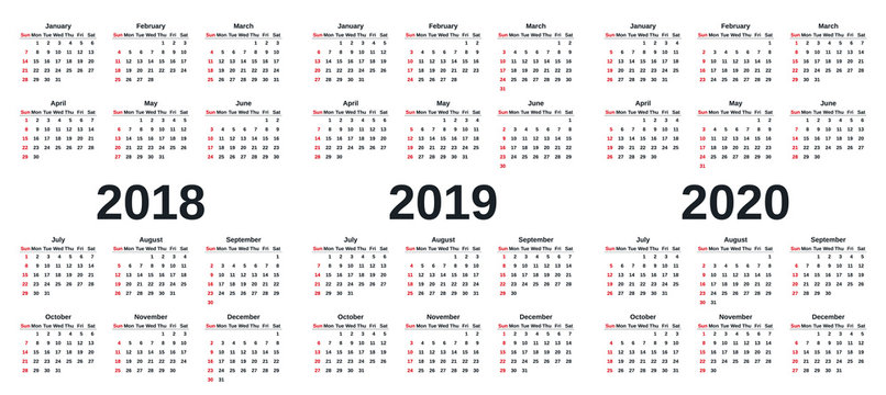 2018, 2019, 2020 calendar. Week starts Sunday. Vector. Stationery 2019 template in simple style. Yearly calendar organizer in minimal design.