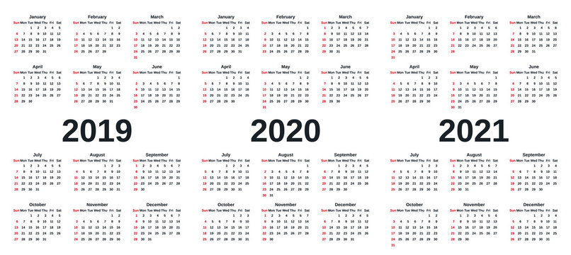 2019, 2020, 2021 calendar. Vector graphics. Week starts Sunday. Design stationery template with months of the year in simple style. Yearly calendar organizer for weeks on white background.