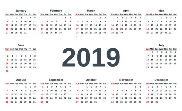 2019 Calendar. Week starts Sunday. Vector. Stationery 2019 template with months of the year in simple style. Yearly calendar organizer for weeks on white background in minimal design.