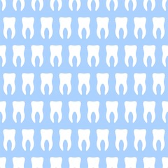 Dental vector background with blue teeth in a row side by side and alternately under each other on a blue background. Tooth backdrop 