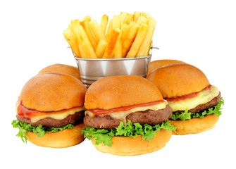 Group of cheeseburger sliders in brioche bread buns and French fries isolated on a white background
