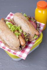 Lunch for school and office in a container and orange juice in a bottle. Sandwich with sausage, salad and cheese. Copy space,