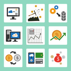 Cryptocurrency cloud mining icons set. Vector illustration of cryptocurrency cloud mining. Flat illustration style.